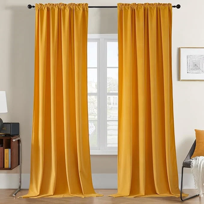 Secure Joydeco Yellow Velvet Curtains 63 inch Length 2 Panels Luxury Blackout Rod First-Class