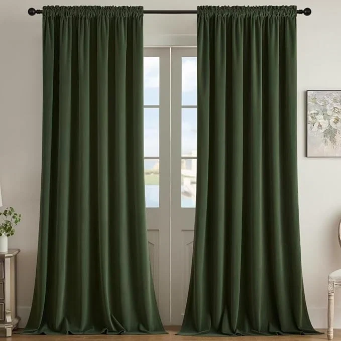 Reusable Joydeco Dark Olive Velvet Curtains 63 inch Length 2 Panels Luxury Blackout Rod Lightweight
