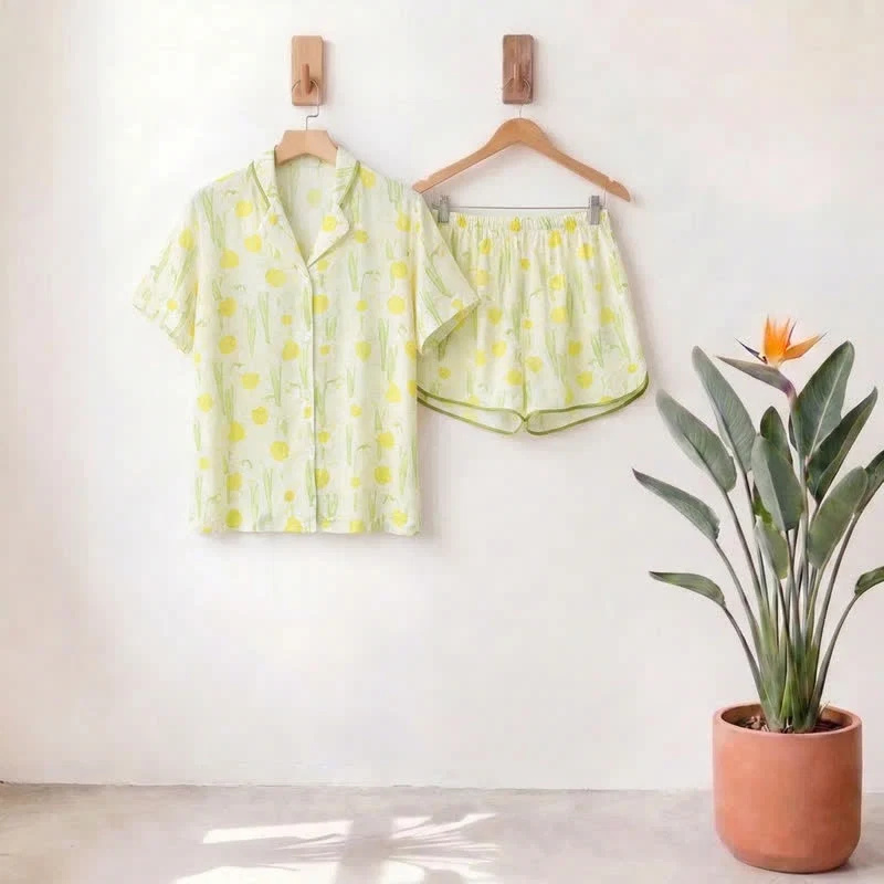 Enhanced Ownkoti Satin Daffodil Print Short Sleeve Pajama Set Durable