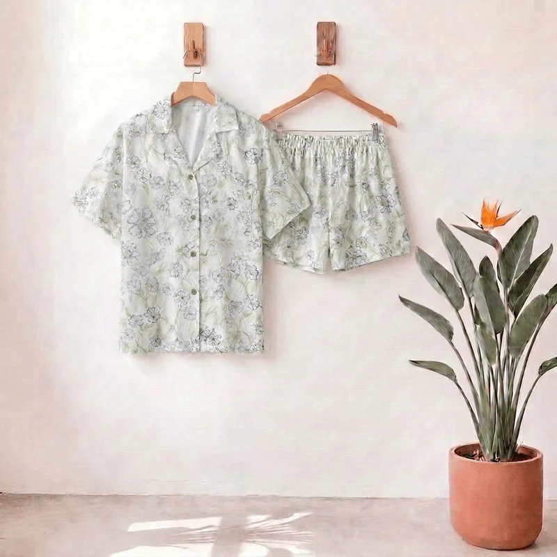 Exceptional Ownkoti Mint Floral Satin Button Up Shorts Loungewear Set Elegant