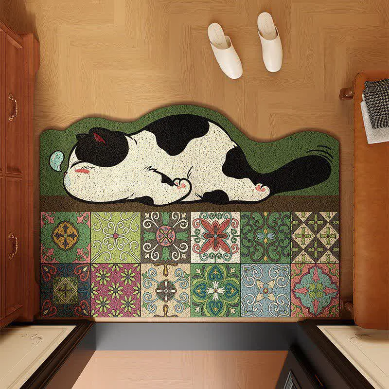 Safe Ownkoti Sleeping Cat Scalloped Tile Entryway Rug First-Class