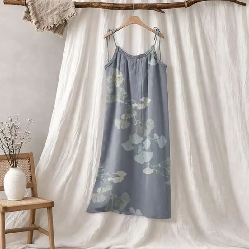 Prestigious Ownkoti Ginkgo Leaf Tie Strap Cotton Lounge Midi Dress Safe