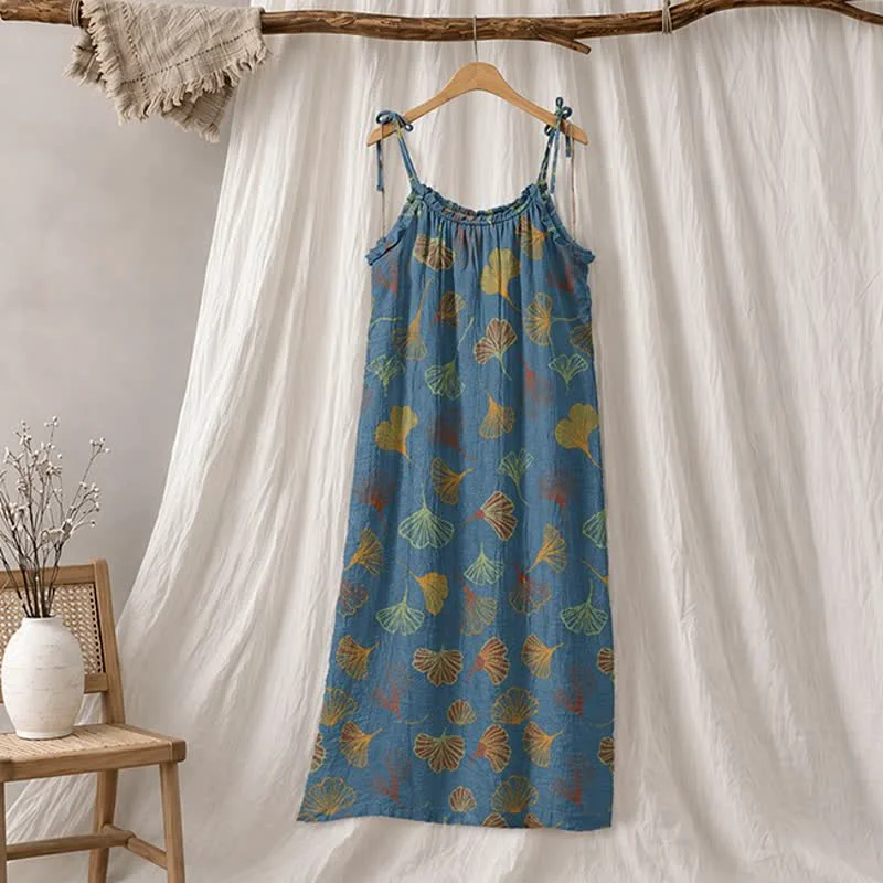 Fashionable Ownkoti Ginkgo Leaf Tie Strap Lounge Midi Dress Optimized