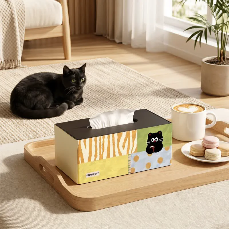 Crafted Ownkoti Playful Cat Patchwork Wooden Tissue Box Organizer Fine Crafted