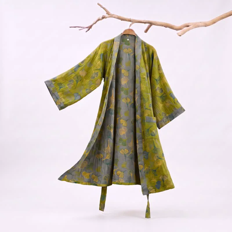 Safe Ownkoti Green Gray Ginkgo Leaf Cotton Kimono Robe High-Grade
