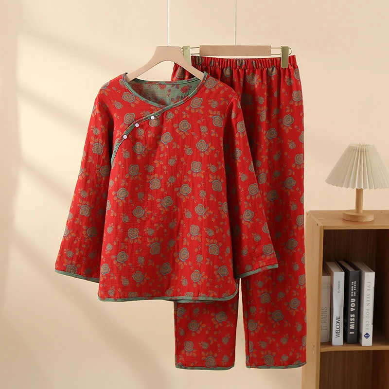 Official Ownkoti Oriental Side-Button Cotton Floral Pajama Set Next-Generation