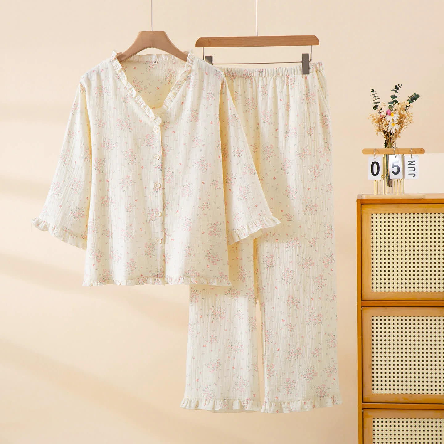 Outstanding Ownkoti Refresh Floral Cotton Gauze Ruffle Loungewear Set Durable