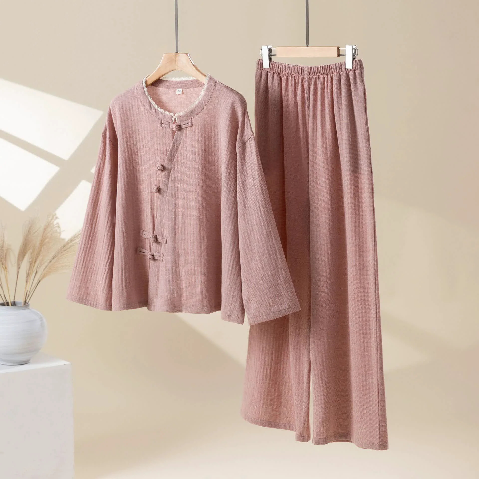 Versatile Ownkoti Solid Color Frog Button Cotton Loungewear Set Excellent