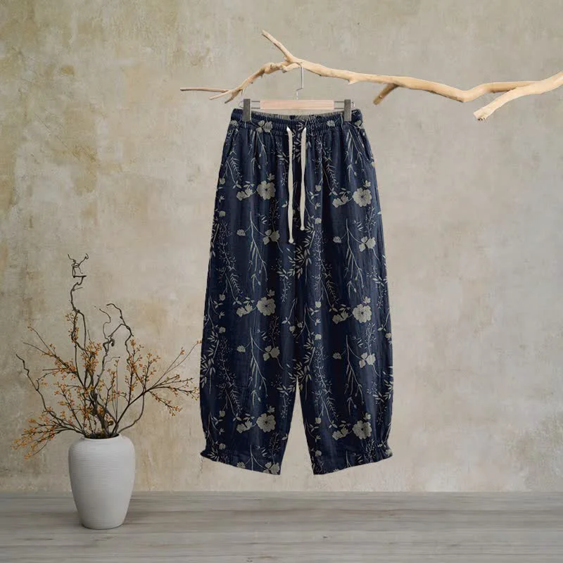 Functional Ownkoti Navy Blue Wildflower Cotton Gauge Lounge Pants Optimized