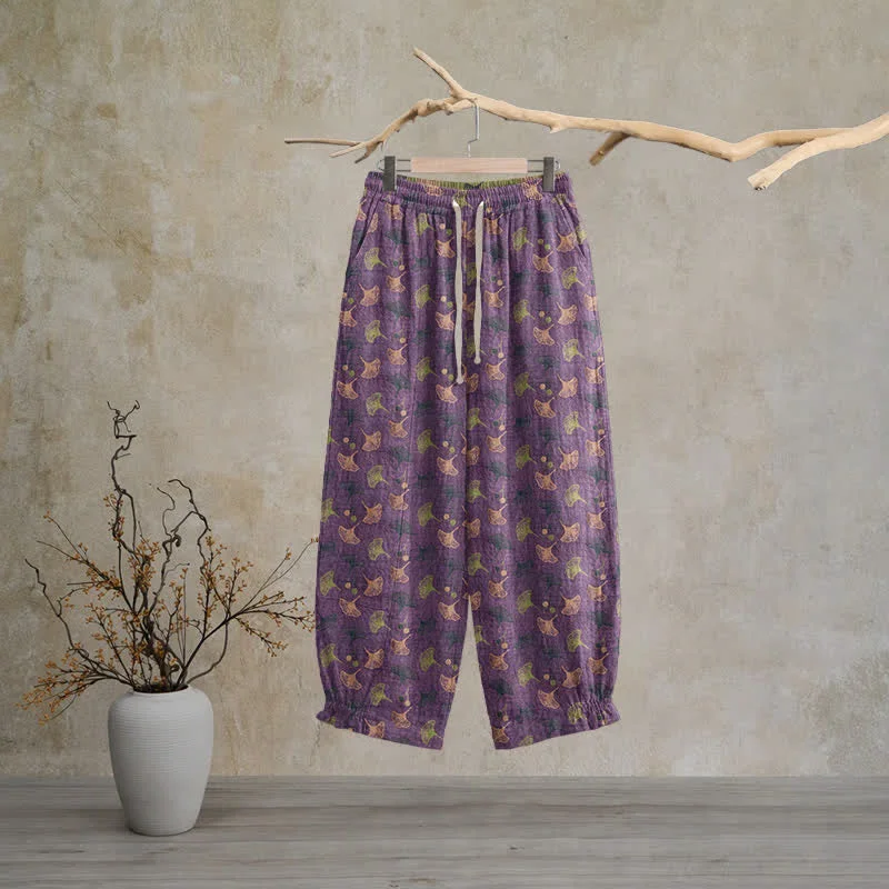 Efficient Ownkoti Retro‑Style Ginkgo Leaf Cotton Loose Lounge Pants Fast