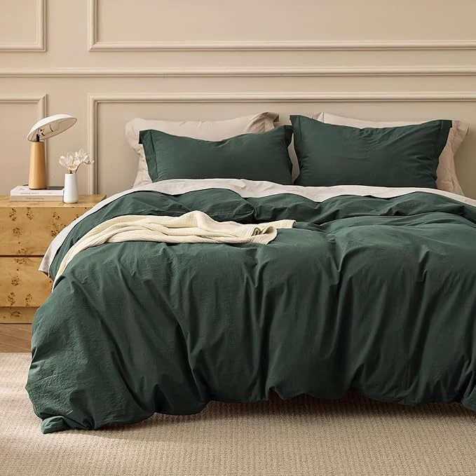 Durable Bedsure Washed Cotton Duvet Cover King Size - Forest Green Minimalist Bedding Set Linen Like - PureWoven Plain Simple amp Soft Comforter Cover for All Seasons Forest Green King 104 quot x90 quot Organic