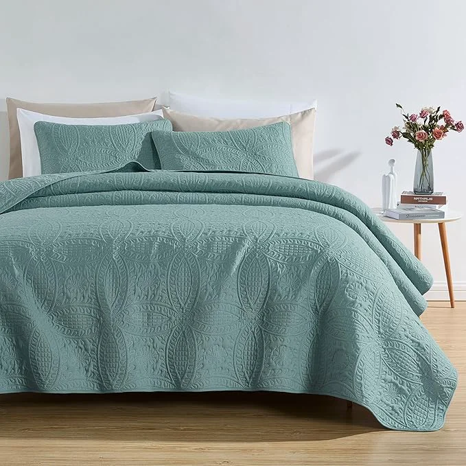 Exceptional Chezmoi Collection Austin 3-piece Oversized Bedspread Coverlet Set Queen Spa Blue Oversized Lightweight Fade Resistant Crafted