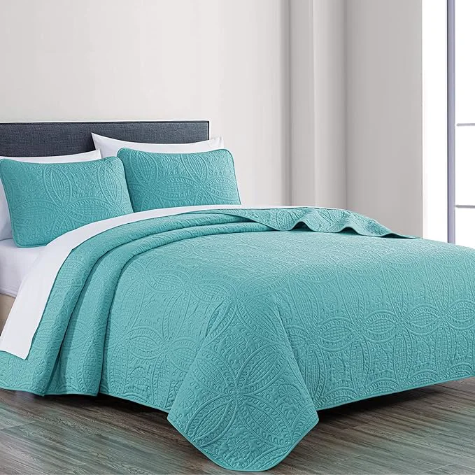 Certified Chezmoi Collection Austin 3-piece Oversized Bedspread Coverlet Set King Turquoise Oversized Lightweight Fade Resistant Superior