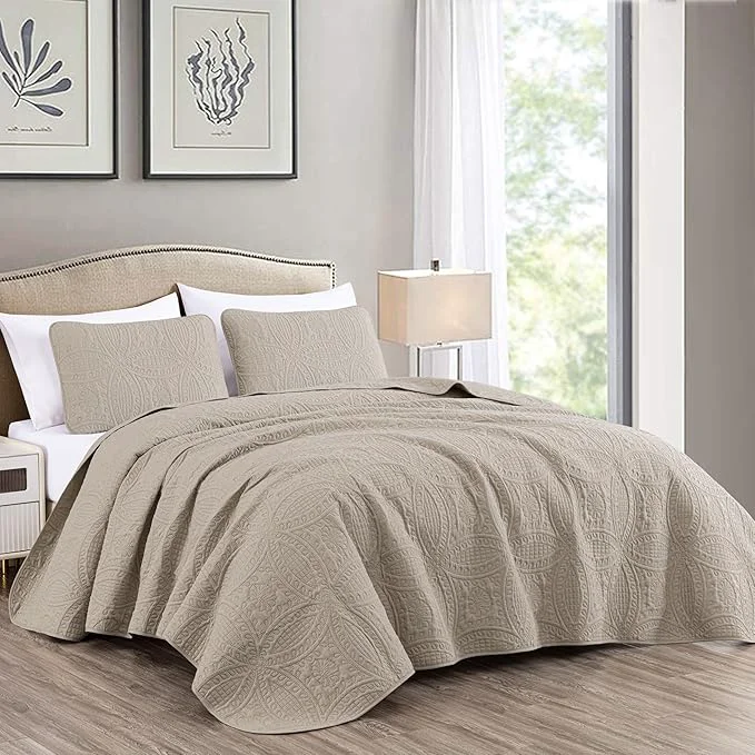 Verified Chezmoi Collection Austin 3-piece Oversized Bedspread Coverlet Set Queen Khaki Oversized Lightweight Fade Resistant Reusable