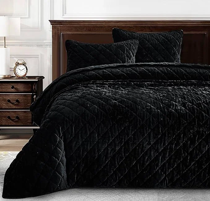 Unique Chezmoi Collection Lux Black Velvet Quilt Oversized King Set 3-Piece Plush Distressed Velvet Bedding All Season Lightweight Comforter Brushed Microfiber Reverse with Diamond Stitch Quilting Verified