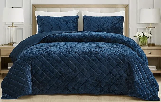Fine Crafted Chezmoi Collection Lux Navy Blue Velvet Quilt Oversized King Set 3-Piece Plush Distressed Velvet Bedding All Season Lightweight Comforter Brushed Microfiber Reverse with Diamond Stitch Quilting Organic