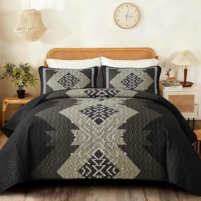 Refined Dintszyayue Boho Quilt Set King Size Black Aztec Texture Bedspread Set 3 Pieces Texture Southwestern Bedding Set Soft Lightweight Coverlet Set for All Season Bedding with 2 Pillowcases Convenient