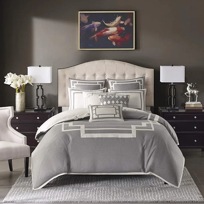 Natural Madison Park Signature Cozy Comforter Set - All Season Bedding Combo Filled Insert and Removable Duvet Cover Shams Decorative Pillows Queen 92 in x 96 in Elegance Grey 9 Piece Smooth