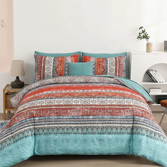 Green Cottolester Boho Full Comforter Set 8 Pieces Terracotta Comforter Bohemian Striped Bed in A Bag Soft Microfiber Bedding Set for All Seasons Efficient