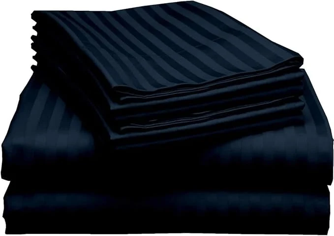 Prestigious Mattress-Homes Extra Deep Pocket 6 Piece Queen Sheet Set Hotel Luxury Collection Egyptian Cotton 21 quot Deep Fitted Sheet Soft Cool amp Breathable Bedding with 4 Pillowcases in Navy Blue Stripe Next-Generation
