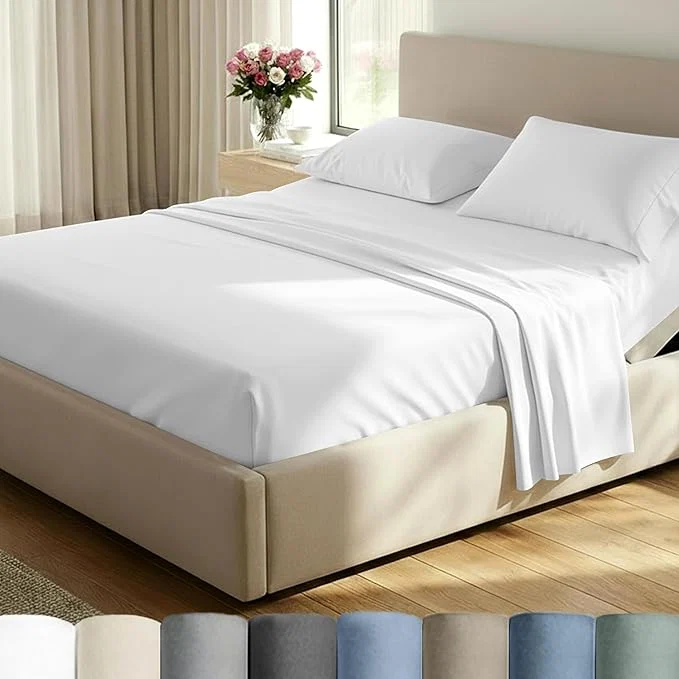 Fashionable California Design Den Split King Sheet Set - Cotton 600 Thread Count Breathable Luxury King Size Sheets for Adjustable Bed Luxury Soft Hotel-Quality Sateen Weave - Bright White Sophisticated