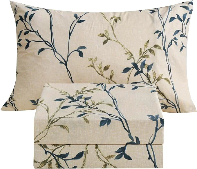 Minimalist JSD Beige Leaves Print Sheet Set Twin Size 3 Piece Soft Botanical Microfiber Sheets Extra Deep Pocket Safe