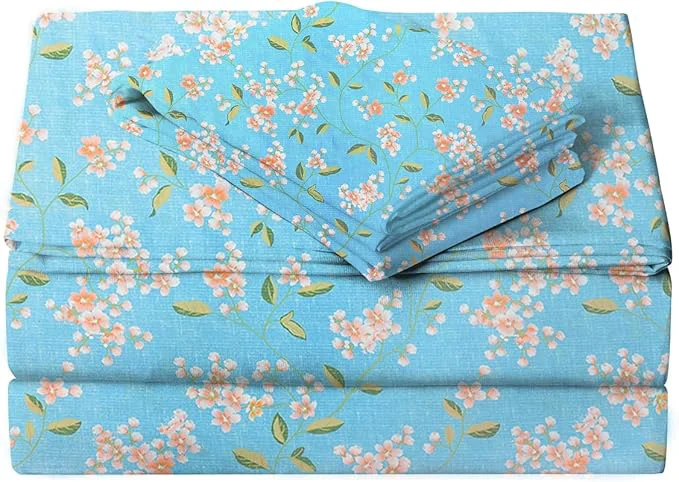 Detailed JSD Blue Floral Printed Sheet Set Cal King 4 Piece Soft Pattern Microfiber Sheets Extra Deep Pocket Carefully Designed