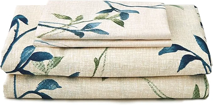 Luxury JSD Beige Leaves Print Sheet Set Full Size 4 Piece Soft Botanical Microfiber Sheets Extra Deep Pocket Wrinkle Organic
