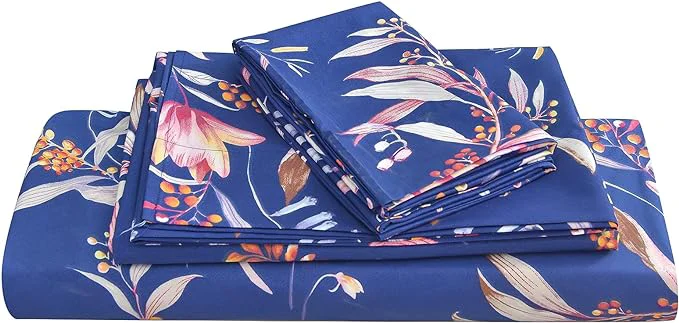 Genuine JSD Navy Floral Sheet Set Cal King 4 Piece Printed Microfiber Sheets Extra Deep Pocket Wrinkle Professional