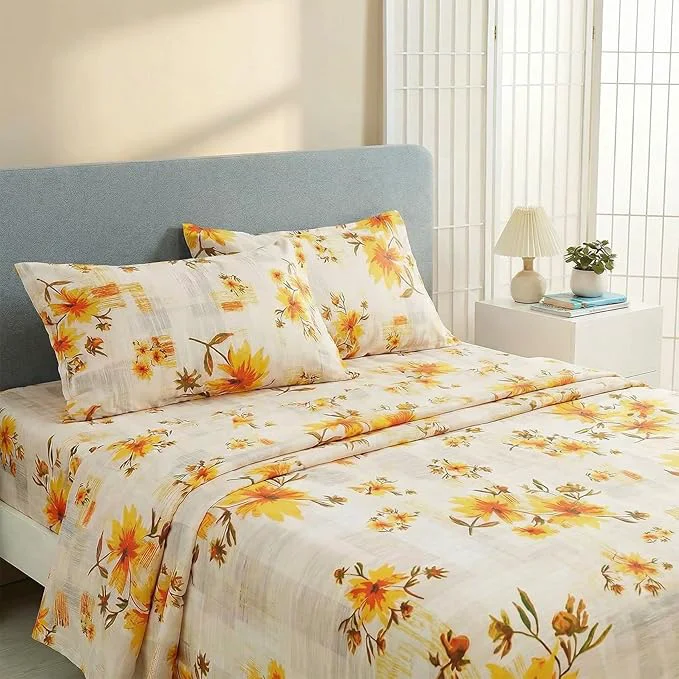 Exceptional JSD Rustic Yellow Floral King Sheet Set 4 Piece Printed Microfiber Bedding Sheets Extra Deep Pocket Stylish
