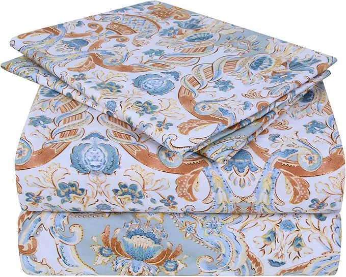 Environmentally Friendly JSD Vintage Paisley Printed Sheet Set Queen Size 4 Piece Soft Pattern Microfiber Sheets Extra Deep Pocket Easy-to-Use
