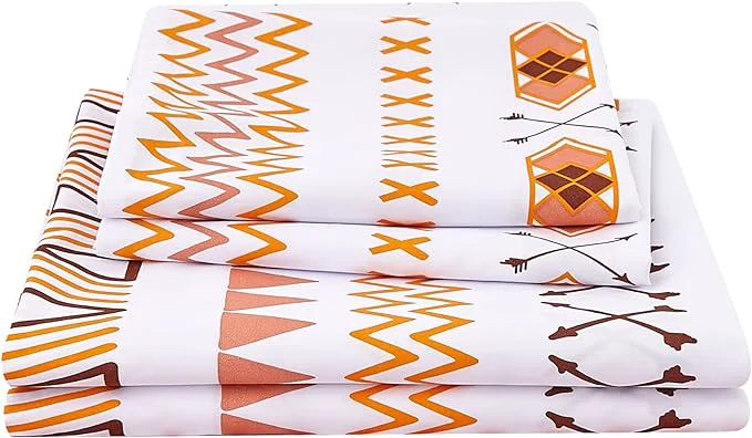 Top-Quality JSD Orange Boho Sheet Set Cal King Soft Geometric Printed Microfiber Sheets Extra Deep Pocket Wrinkle Natural