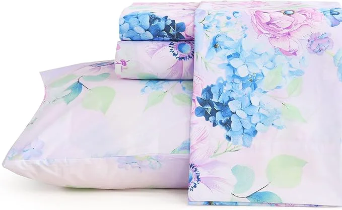 Specialty JSD Purple Hydrangea Floral Sheet Set Cal King 4 Piece Printed Microfiber Bed Sheets Deep Pocket Authentic