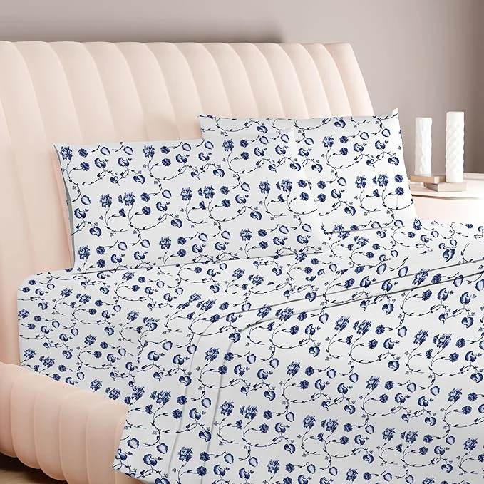 Authentic Carressa Linen Luxury Egyptian Cotton Twin XL Printed Sheet Set - 600 Thread Count Extra Long Staple 3 PC Set Floral Blue Twin XL Sheets Soft Cooling Sateen Weave Sheets Upto 18 in Deep Pocket Consistent