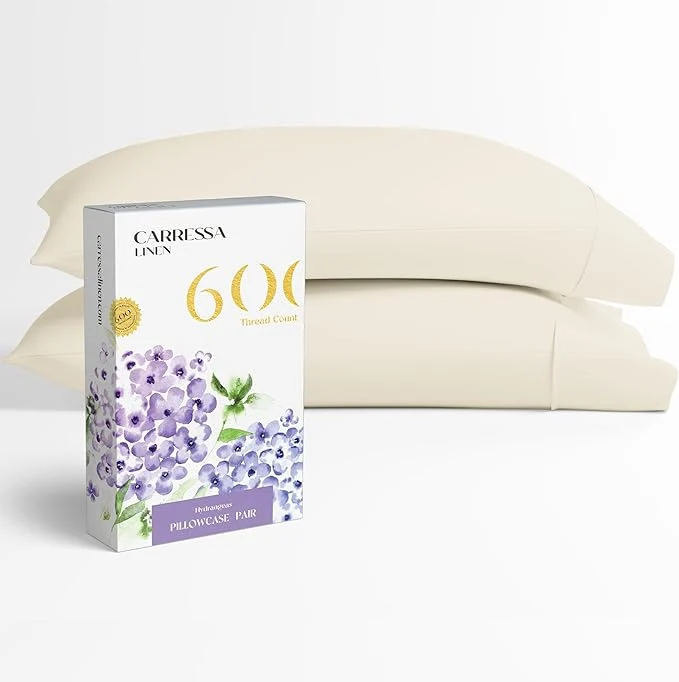 Certified Carressa Linen Egyptian Cotton King Size Pillow Cases Set of 2 - Luxury 600 Thread Count King Pillowcases Ivory Silky Soft Cooling Breathable Sateen Weave Hotel Quality Bed Pillow Cover Sophisticated