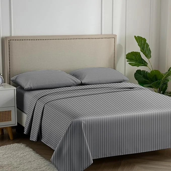 Carressa Linen Luxury Egyptian Cotton King Stripe Sheet Set 600 Thread Count Extra Long Staple 4 PC Set King Damask Sheets Soft Cooling Sateen Weave Striped Sheets Upto 18 quot Deep Pocket - Dark Grey Organic