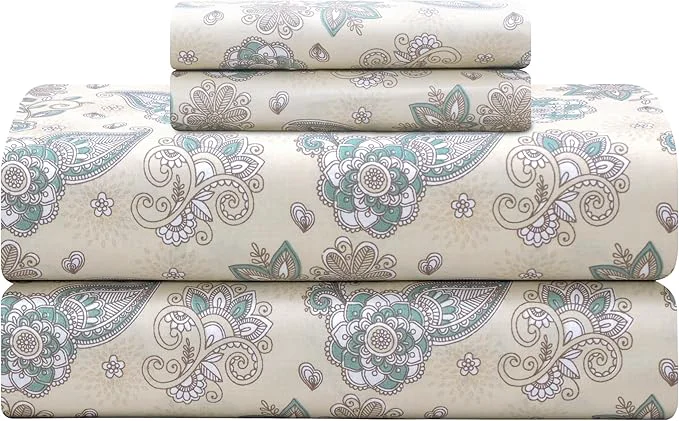 Original Design Feather amp Stitch Softest Cotton Sheets 300 Thread Count Percale Weave Bedding 16 quot Deep Pocket Cooling Sheets Breathable Bed Set Hotel Premium Quality Twin Beige Paisley Professional