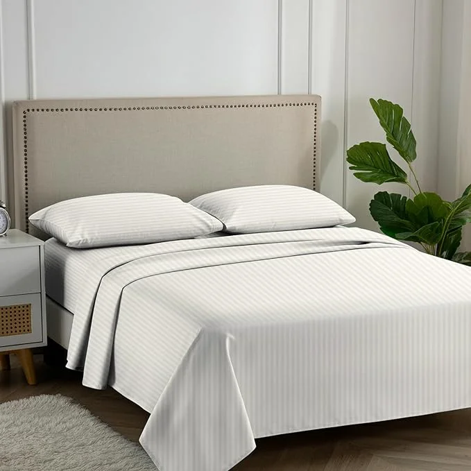 Healthy Carressa Linen Luxury Egyptian Cotton California King Stripe Sheet Set 600 Thread Count Extra Long Staple 4 PC Set Cal King Stripe Sheets Soft Cooling Striped Sheets 16 in Deep Pocket - Ivory Reusable