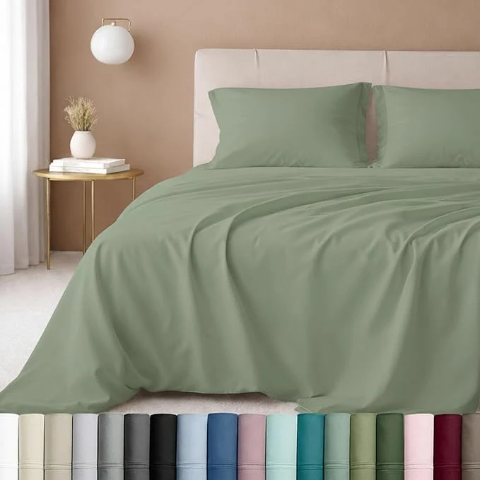Smooth California Design Den Natural Cotton Sheets Twin XL Size Set - Luxury 600 Thread Count Sateen Fully Elasticized Deep Pocket Bedsheets Cool and Durable Bedding for Dorm Room - Laurel Green First-Class