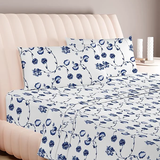 Innovative Carressa Linen Luxury Egyptian Cotton California King Printed Sheet Set - 600 Thread Count Extra Long Staple 4 PC Set Floral Blue Cal King Printed Sheets Soft Cooling Sheets Upto 18 in Deep Pocket Contemporary
