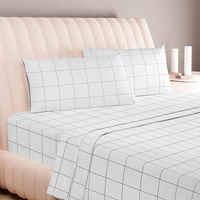 Next-Generation Carressa Linen Luxury Egyptian Cotton California King Printed Sheet Set - 600 Thread Count Extra Long Staple 4 PC Set Window Pane Cal King Printed Sheets Soft Cooling Sheets Upto 18 in Deep Pocket Exceptional