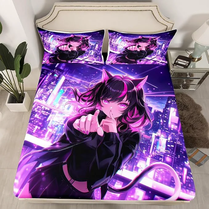 Versatile Erosebridal Kids Anime Girl Twin Size Bed Sheets Japanese Anime Fitted Sheet Cartoon Girl Bedding Set for Boys Teens Bedroom Decor Kawaii Japanese Animation Bed Set with 1 Pillow Case World-Class