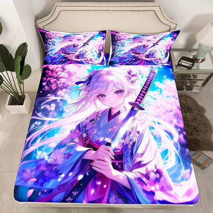 Powerful Erosebridal Anime Girl Twin Bedding Set for Kids Kawaii Japanese Anime Fitted Sheet Cartoon Girl Bed Sheets Sci Fi Style Japanese Animation Sheets for Kids Girls Teens Adult Bedroom Flexible
