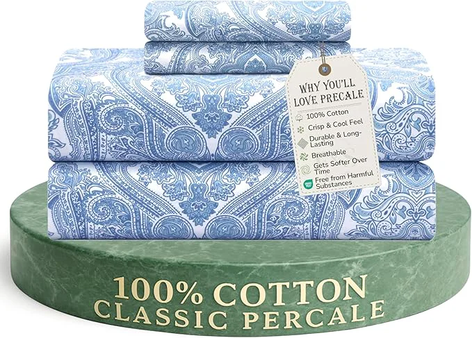 Artisan Feather amp Stitch Softest Cotton Sheets 300 Thread Count Percale Weave Bedding 16 quot Deep Pocket Cooling Sheets Breathable Bed Set Hotel Premium Quality King Blue Paisley Top-Quality