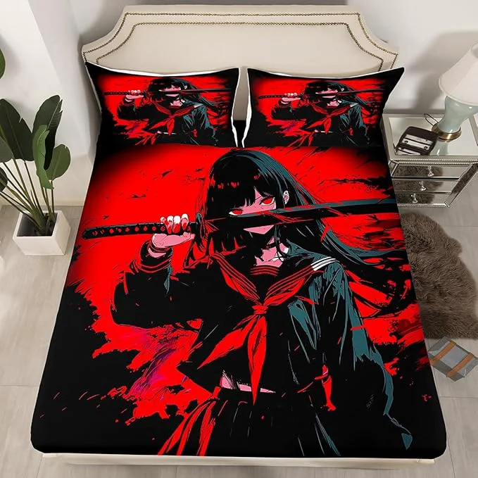 Smart Erosebridal Japanese Anime Bedding Set for Kids Anime Girl Fitted Sheet Queen Size Japanese Girl Bed Sheets for Girls Teens Adult Kawaii Animation Red Black Sheets Machine Washable Modern