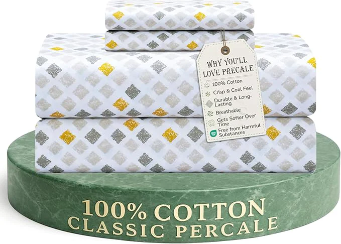 High-Performance Feather amp Stitch Softest Cotton Sheets 300 Thread Count Percale Weave Bedding 16 quot Deep Pocket Cooling Sheets Breathable Bed Set Hotel Premium Quality Twin Yellow Diamond Contemporary