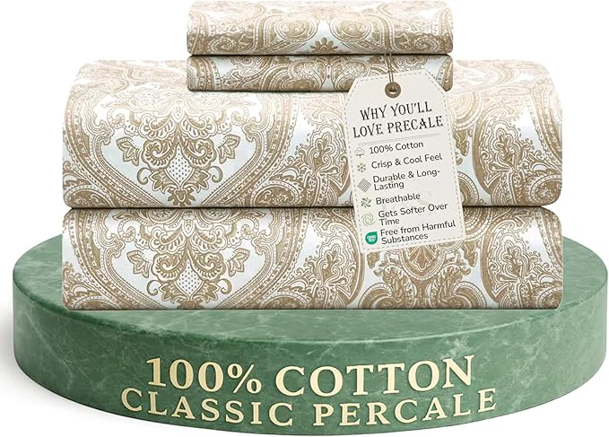 Functional Feather amp Stitch Softest Cotton Sheets 300 Thread Count Percale Weave Bedding 16 quot Deep Pocket Cooling Sheets Breathable Bed Set Hotel Premium Quality King Ivory Paisley Contemporary