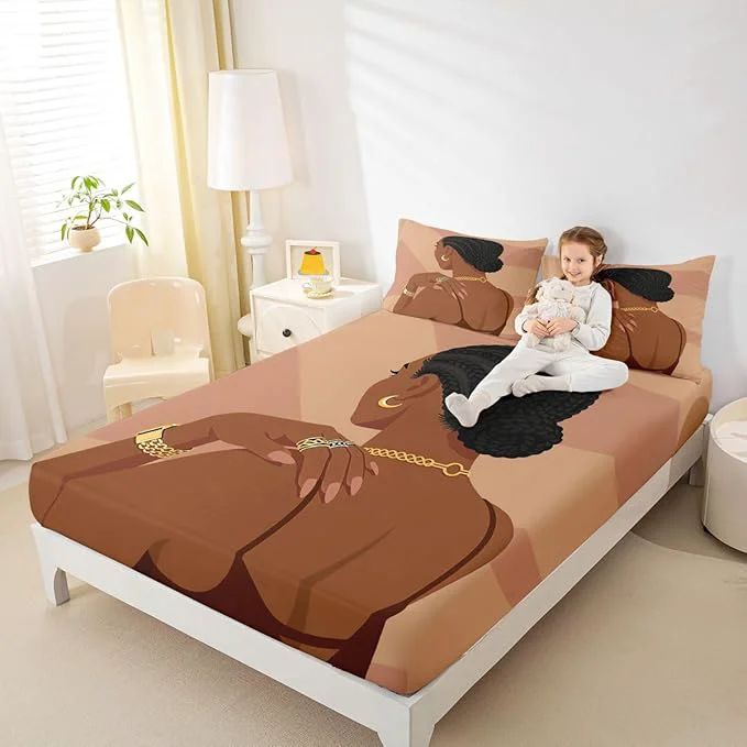 Crafted Erosebridal Fashion Black Woman Bedding Set Queen Size 3 Piece Romantic Makeup Themed Girls Bed Sheets Fashionable Gorgeous Fitted Sheet Vogue Afro Girls Sheets for Kids Teens Adult Bedroom Powerful
