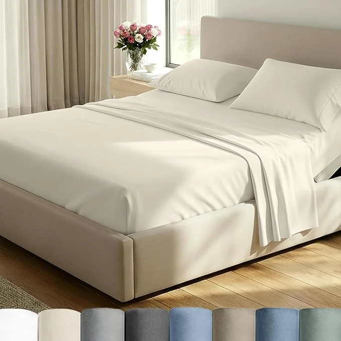 Authentic California Design Den Split King Sheet Set - Cotton 600 Thread Count Sateen Breathable Luxury King Size Sheets for Adjustable Bed Luxury Soft Hotel Quality Sheets - Ivory Warm Cream Convenient
