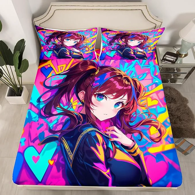 Carefully Designed Erosebridal Anime Girl Twin Fitted Sheet Japanese Anime Bed Sheets for Kids Girls Teens Adult Bedroom Cartoon Girl Bedding Set Kawaii Japanese Animation Sheets 2 Piece Purple Pure